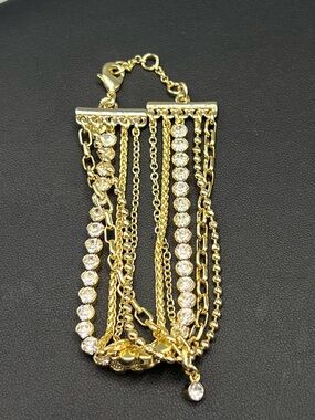 J.Crew Multi Strand Gold Bracelet Crystal Accent Layered Chain Adjustable